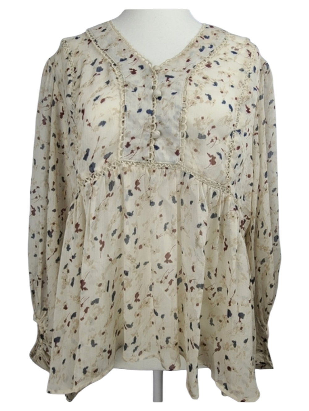 Mad Collection Floral Semi Sheer Babydoll Blouse Size L Boho Cottagecore